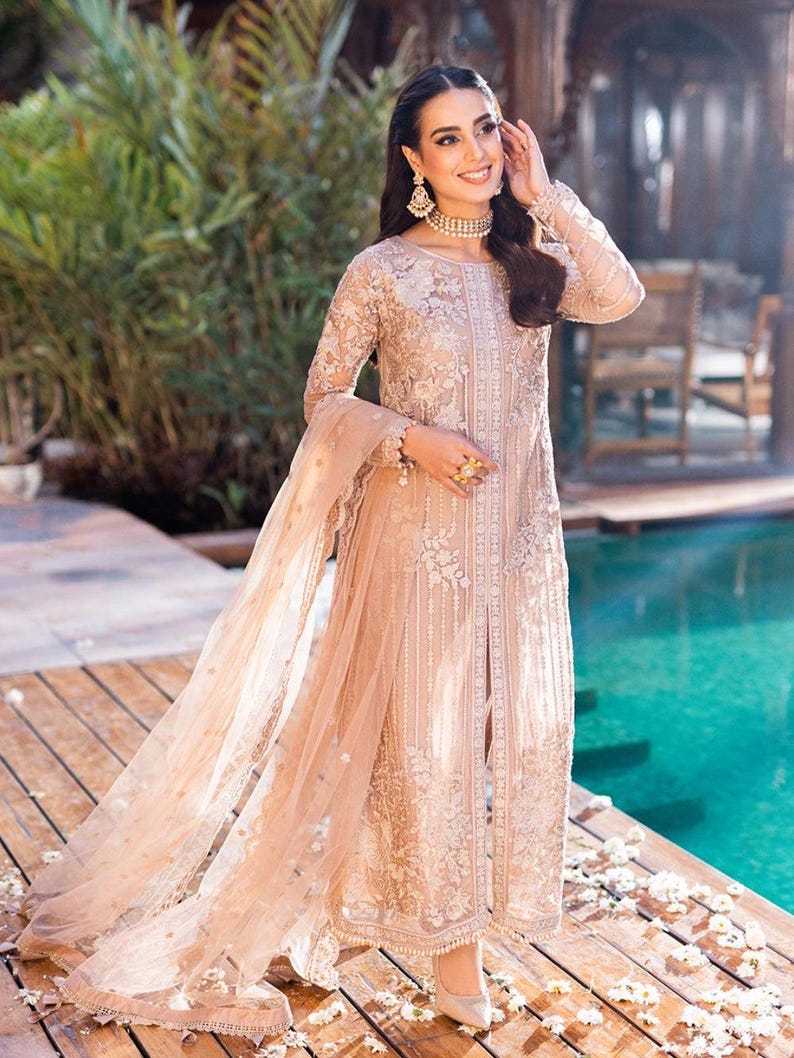 Pakistani Designer Beige Chiffon Suit – Embroidered Ready-to-Wear Salwar Kameez | Pakistani Shalwar Kameez | Pakistani Party Wear Eid Suit
