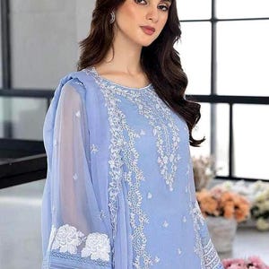 Iced Blue Embroidered Chiffon 3-Piece Suit | Pakistani Eid & Party Wear | Elegant Formal Dress | Ready to Ship from USA | Free Shipping