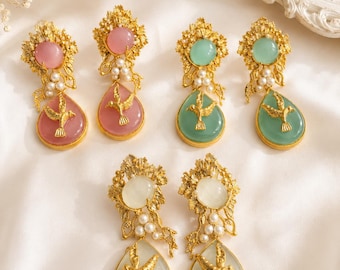 Bird Drop Earrings | Kundan Statement Earrings | Pastel Pink Mint Green White Earrings | Pakistani Jewelry | Indian Wedding Jewelry