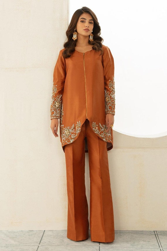 Orange Satin Silk Embroidered Jacket Set | Silk Two-Piece Outfit with Flared Pants | Formal Pakistani Wear | Pakistani Party Wear Jacket