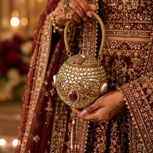 May include: A spherical gold-toned handbag featuring intricate metal filigree, embedded clear stones, and a prominent teardrop-shaped maroon gemstone. The bag includes a rigid circular handle and a dangling tassel made of small maroon and white beads.
