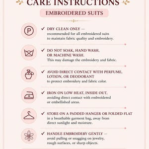 May include: A light pink informational sign titled ETHNIC ALL IN ONE CARE INSTRUCTIONS EMBROIDERED SUITS. It lists six icons with text instructions: dry clean only, do not wash, avoid perfume, iron on low heat, store on a hanger, and handle gently.