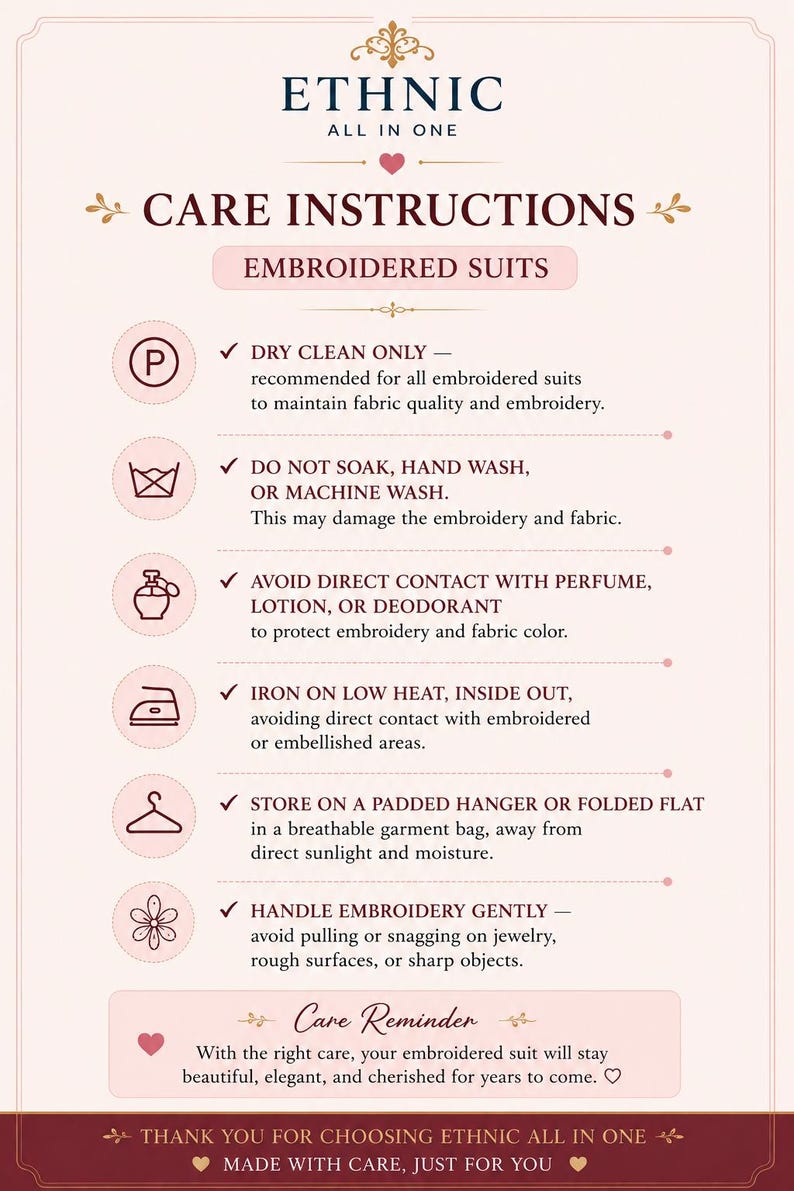 May include: A light pink informational sign titled ETHNIC ALL IN ONE CARE INSTRUCTIONS EMBROIDERED SUITS. It lists six icons with text instructions: dry clean only, do not wash, avoid perfume, iron on low heat, store on a hanger, and handle gently.