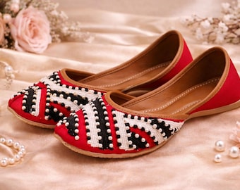 Red White Embroidered Khussa Flats | Handmade Pakistani Jutti Shoes | Bridal Wedding Flats | Ethnic Beaded Footwear | Eid Party Shoes
