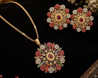Premium Floral Multi Stone Pendant Set with Earrings | Necklace Set | Pendant Set | Pakistani Jewelry | Statement Jewelry