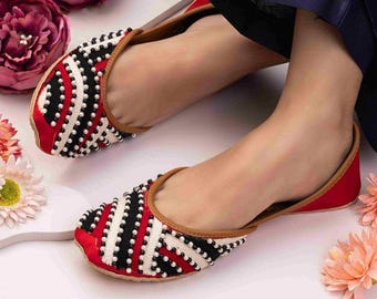 Red White Embroidered Khussa Flats | Handmade Pakistani Jutti Shoes | Bridal Wedding Flats | Ethnic Beaded Footwear | Eid Party Shoes