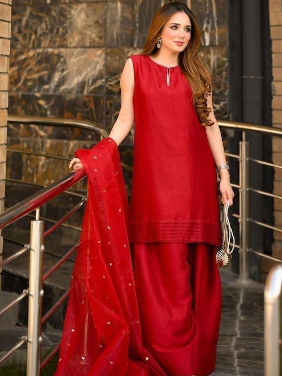 Pakistani Red Sheesha Silk Farshi Suit | Pure Sheesha Silk | Eid & Wedding Wear | Party Dress for Women | Desi Traditional Outfit