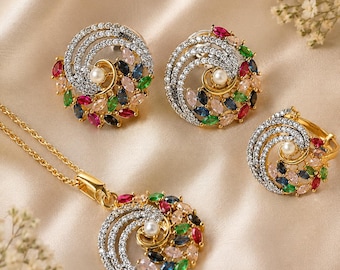 Premium Multi Stone Pendant Set with Ring and Earrings | Long Gold Chain Necklace Set | Pendant Set | Pakistani Jewelry | Statement Jewelry