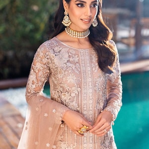 Pakistani Designer Beige Chiffon Suit – Embroidered Ready-to-Wear Salwar Kameez | Pakistani Shalwar Kameez | Pakistani Party Wear Eid Suit