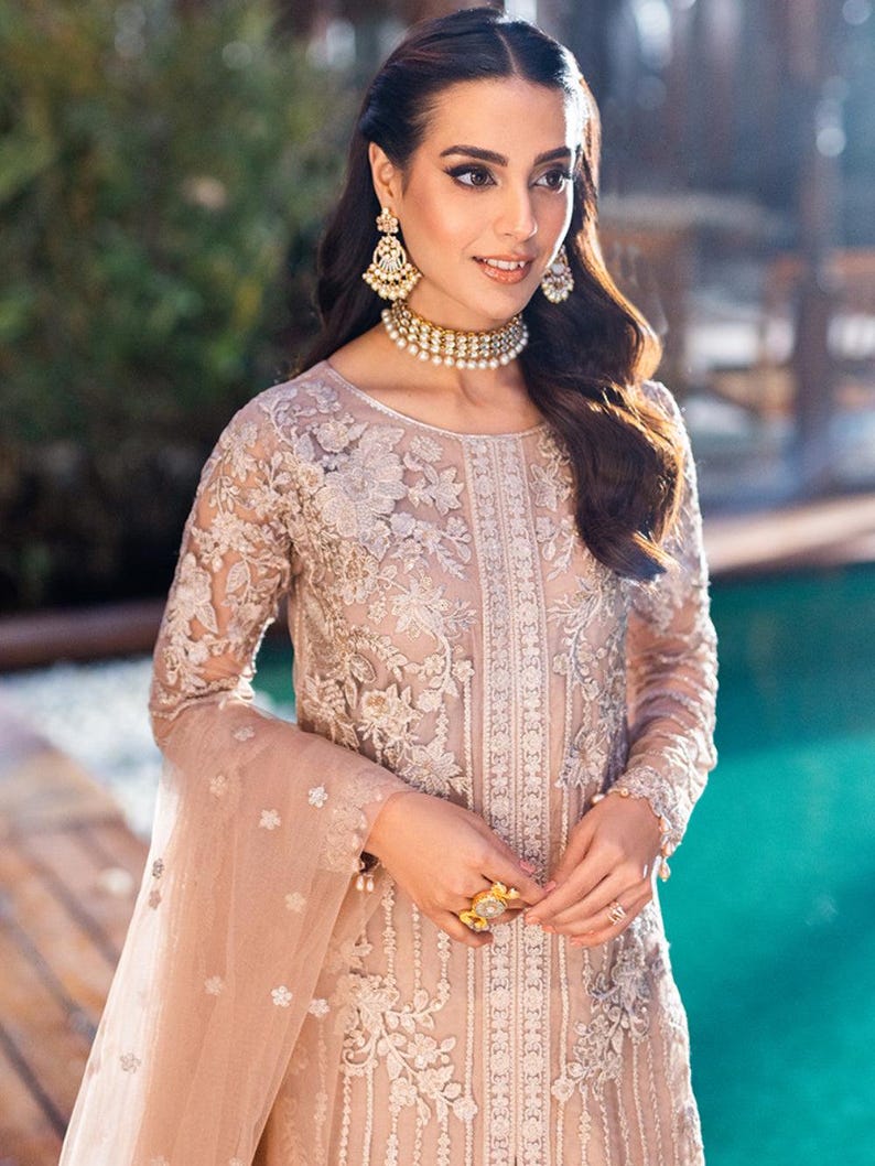 Pakistani Designer Beige Chiffon Suit – Embroidered Ready-to-Wear Salwar Kameez | Pakistani Shalwar Kameez | Pakistani Party Wear Eid Suit