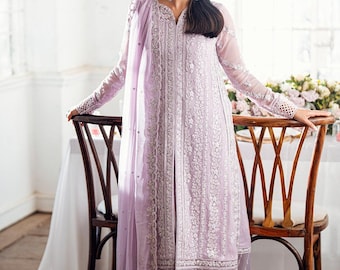 Pakistani Designer Lilac Chiffon 3PCs Suit | Embroidered Wedding and Festive Wear | AZURE Luxe Collection | Eid & Party Outfit