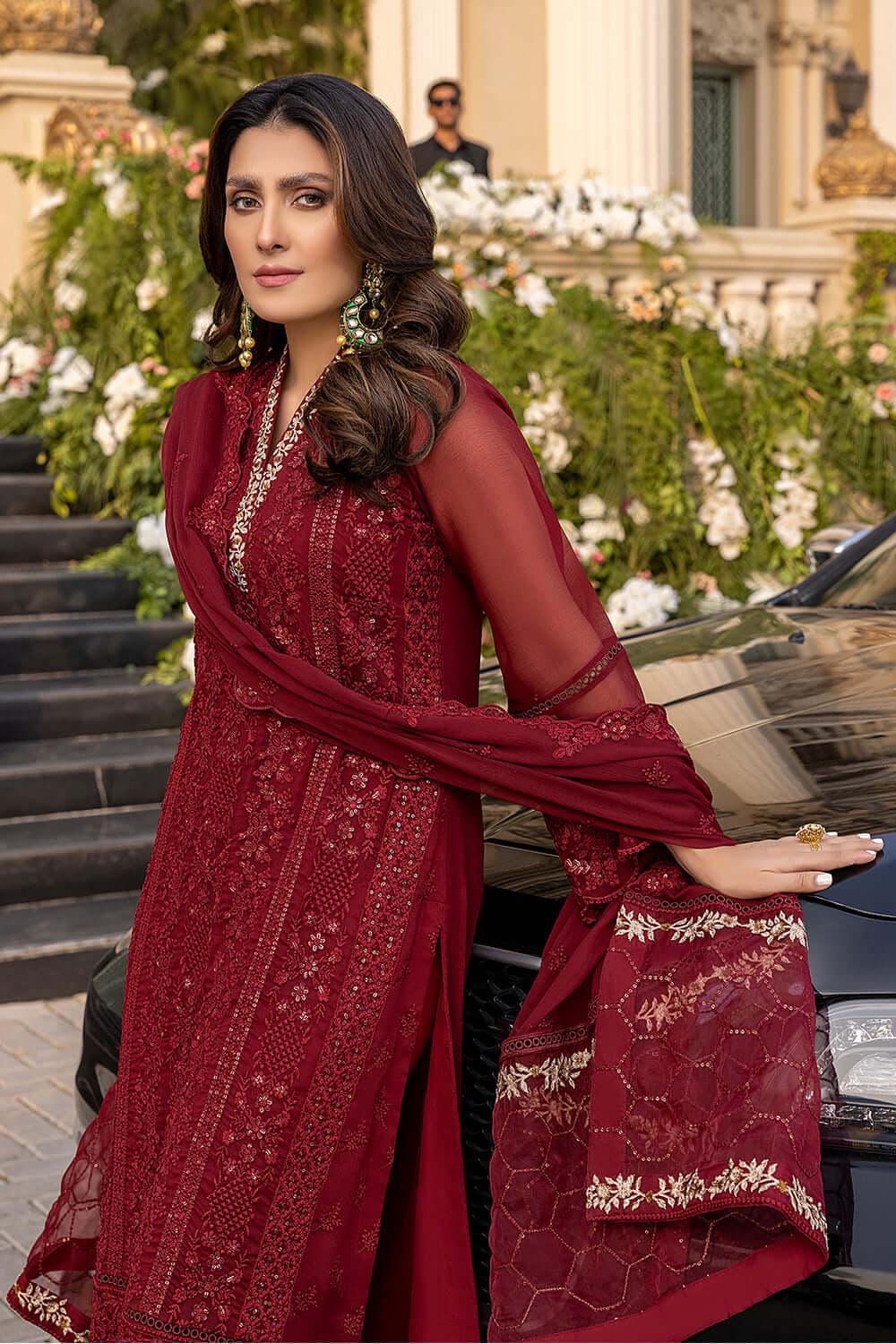 maroon chiffon dress pakistani Deep Maroon Chiffon Heavy Embroidered Straight Cut Luxury Wedding Wear