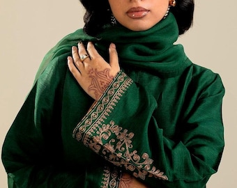 Elegant Bottle Green Raw Silk A-Line Kurta Set with Embroidered Dupatta | Pakistani Formal Eid Wear | Pakistani Suit | Pakistani Party Wear