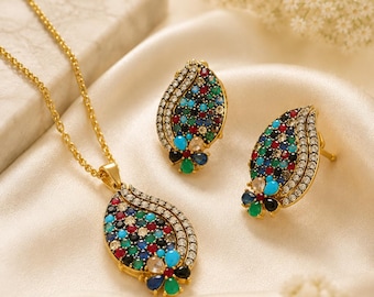 Premium Multi Stone Pendant Set with Ring and Earrings | Long Gold Chain Necklace Set | Pendant Set | Pakistani Jewelry | Statement Jewelry