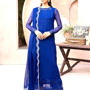 Stunning Blue Embroidered Chiffon Outfit | Ready-to-Wear Salwar Kameez for Festive Occasions | Pakistani Formal Wear | Pakistani Eid Suit