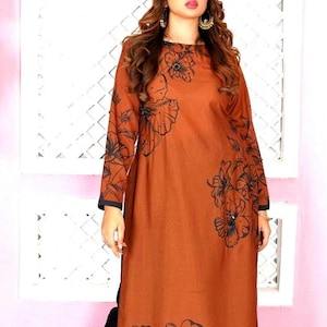 Rust Hand-Embroidered Soft Crepe Suit | Pakistani Designer Wear | Pakistani Casual Wear | Pakistani Suit