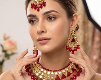Red Ruby Handmade Kundan Choker Set: Indian Bridal Jewelry with Maang Tikka | Pakistani Indian Bridal Jewelry