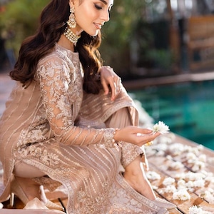 Pakistani Designer Beige Chiffon Suit – Embroidered Ready-to-Wear Salwar Kameez | Pakistani Shalwar Kameez | Pakistani Party Wear Eid Suit