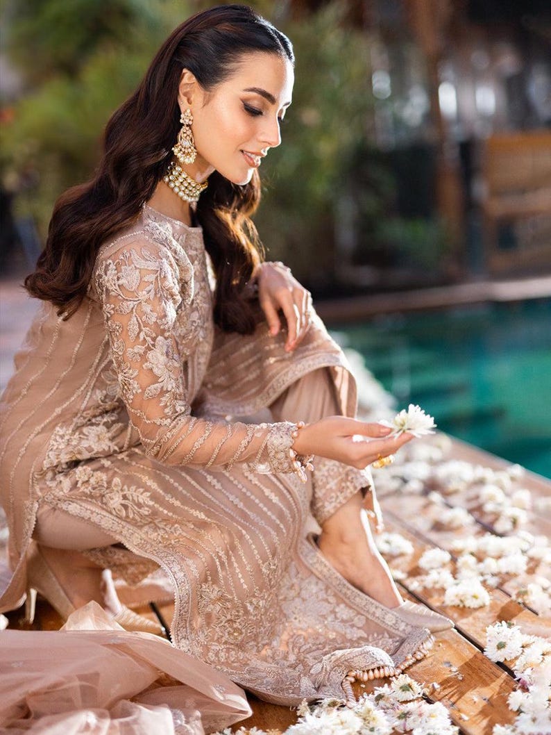 Pakistani Designer Beige Chiffon Suit – Embroidered Ready-to-Wear Salwar Kameez | Pakistani Shalwar Kameez | Pakistani Party Wear Eid Suit