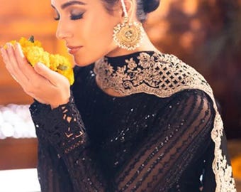 Pakistani Designer Black Chiffon Suit | Embroidered Ready-to-Wear Salwar Kameez with Dupatta for Weddings | Pakistani Formal Eid Suit