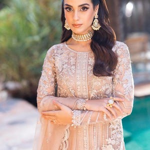 Pakistani Designer Beige Chiffon Suit – Embroidered Ready-to-Wear Salwar Kameez | Pakistani Shalwar Kameez | Pakistani Party Wear Eid Suit