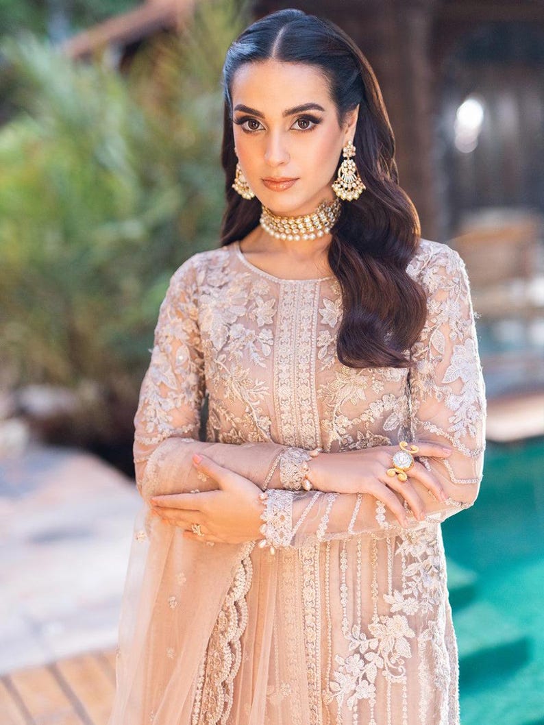 Pakistani Designer Beige Chiffon Suit – Embroidered Ready-to-Wear Salwar Kameez | Pakistani Shalwar Kameez | Pakistani Party Wear Eid Suit