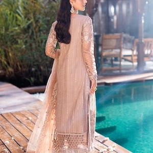 Pakistani Designer Beige Chiffon Suit – Embroidered Ready-to-Wear Salwar Kameez | Pakistani Shalwar Kameez | Pakistani Party Wear Eid Suit