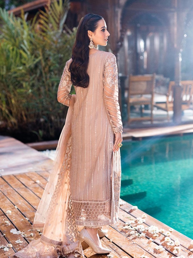 Pakistani Designer Beige Chiffon Suit – Embroidered Ready-to-Wear Salwar Kameez | Pakistani Shalwar Kameez | Pakistani Party Wear Eid Suit