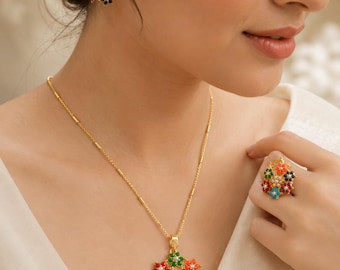 Premium Floral Multi Stone Pendant Set with Ring and Earrings | Necklace Set | Pendant Set | Pakistani Jewelry | Statement Jewelry