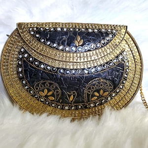 Antique Black and Gold Mosaic Metal Purse | Traditional Black Clutch | Gift for Her | FREE Valentines Gift Packaging Available