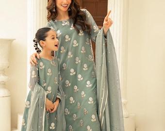 Mint Green Mother Daughter Matching Outfit | Embroidered Cotton Silk 3-Piece Eid Suit | Festive Mom & Me Dress | Family Twinning Eid Outfits