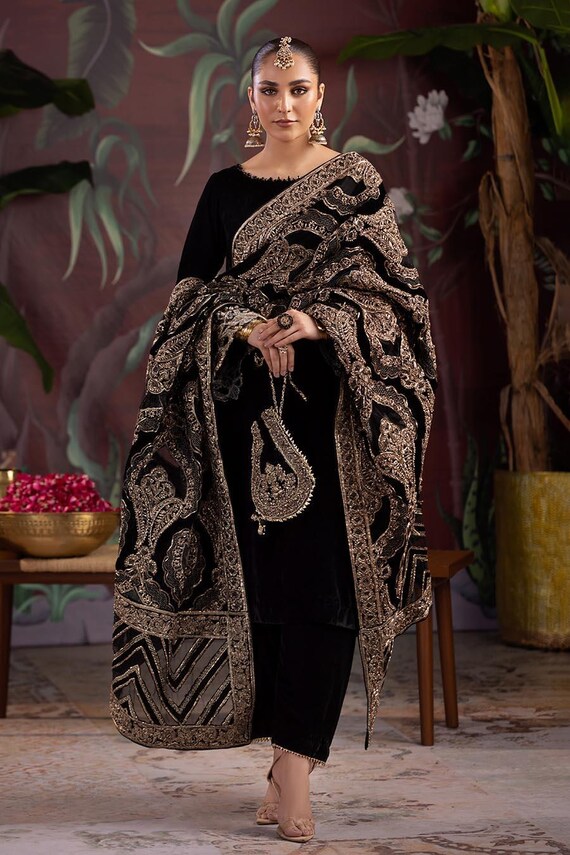green emerald velvet dress ramsha Pakistani Dress Velvet Sequence