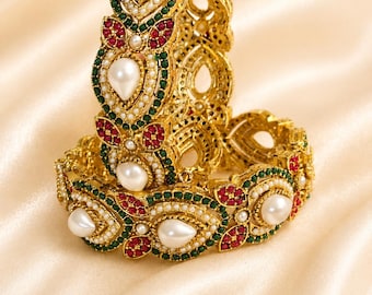 Openable Nauratan Pearl Bangles | Multicolor Stone & Pearl Bridal Bangles | Pakistani Indian Wedding Jewelry | Traditional Kada Set
