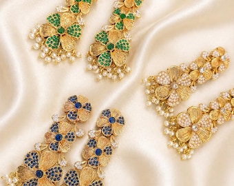 Long Floral Statement Earrings | Pakistani Indian Wedding Jewelry | Festive Chandeliers | Eid Jewelry | Bridesmaid Earrings | Gift for Her