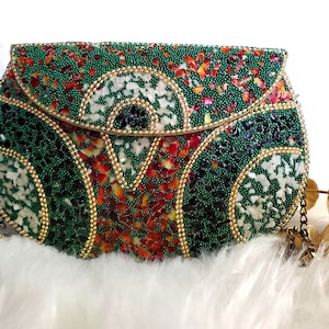 Handmade Mosaic Clutch with Dazzling Stonework | Antique Emerald Green Metal Purse | Gift for Her | Pakistani Clutch | Party Wear Clutch