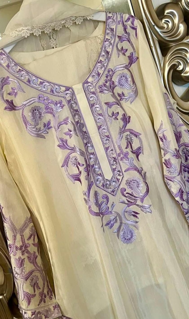 Off white Knitting Woolen Heavy embroidered Party Wear Straight Suit with Beautiful Wollen Duppata main image 1