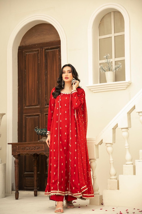 red dress for eid Red Matching Mother-Daughter Outfit | Embroidered Cotton Raw Silk 3-Piece | Eid Family Twinning | Festive Mom & Me Dress