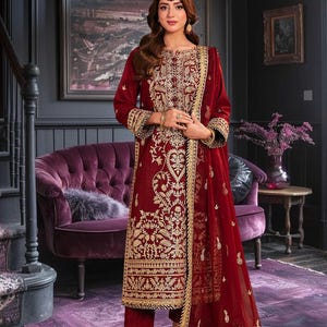 Terracotta Embroidered Twisted Silk Ensemble with Chiffon Dupatta | Modern Elegance Rust Embroidered Formal Wear | Pakistani Party Wear Suit