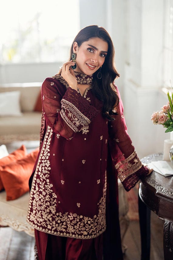 burgundy eid dress Shop Maroon Pakistani Kameez Trousers Eid Dress 2023 MEDIUM