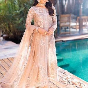 Pakistani Designer Beige Chiffon Suit – Embroidered Ready-to-Wear Salwar Kameez | Pakistani Shalwar Kameez | Pakistani Party Wear Eid Suit