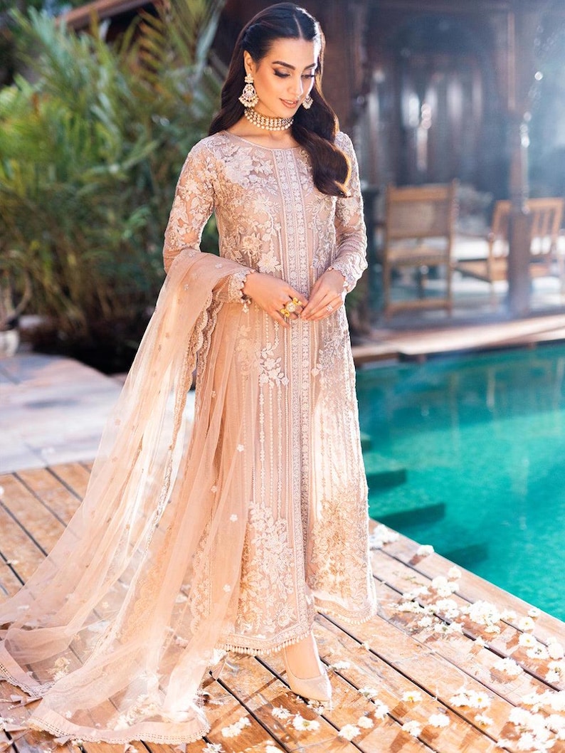 Pakistani Designer Beige Chiffon Suit – Embroidered Ready-to-Wear Salwar Kameez | Pakistani Shalwar Kameez | Pakistani Party Wear Eid Suit