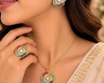 Premium Floral Stone Pendant Set with Ring and Earrings | Long Gold Chain Necklace Set | Pendant Set | Pakistani Jewelry | Statement Jewelry