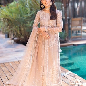 Pakistani Designer Beige Chiffon Suit – Embroidered Ready-to-Wear Salwar Kameez | Pakistani Shalwar Kameez | Pakistani Party Wear Eid Suit