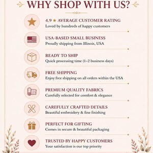 May include: A light pink informational graphic titled ETHNIC ALL IN ONE with the heading WHY SHOP WITH US? It lists eight points including customer rating, USA-based business, shipping details, fabric quality, embroidery, and gifting options.