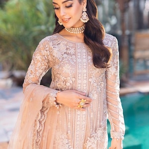 Pakistani Designer Beige Chiffon Suit – Embroidered Ready-to-Wear Salwar Kameez | Pakistani Shalwar Kameez | Pakistani Party Wear Eid Suit