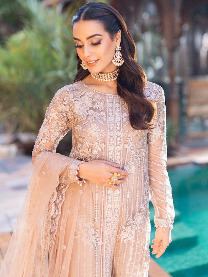 Pakistani Designer Beige Chiffon Suit – Embroidered Ready-to-Wear Salwar Kameez | Pakistani Shalwar Kameez | Pakistani Party Wear Eid Suit