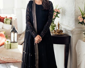Pakistani Designer Black Chiffon 3PCs Suit | Embroidered Wedding and Festive Wear | Luxury Pakistani Formal Dress | Eid & Party Outfit