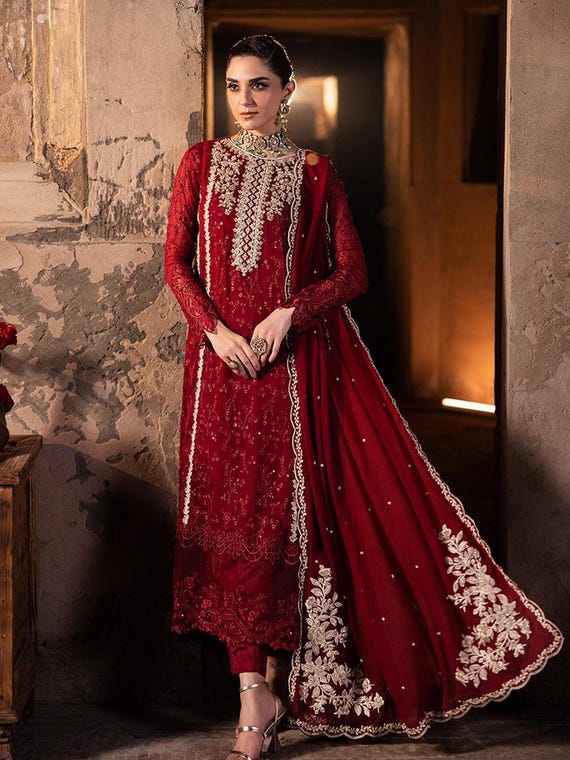 Luxury Maroon Chiffon Ensemble: Royal Pakistani Wedding Wear Chiffon Embroidered Suit | Pakistani Designer Suit