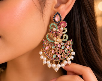 Statement Chandbali Earrings | Pakistani Indian Wedding Jewelry | Pearl Drop Earrings | Festive Earrings | Mehndi Jewelry | Eid Accessories