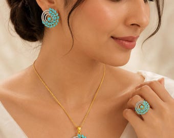 Turquoise Kundan Pendant Set with Earrings & Ring | Pakistani Jewelry Set | Indian Wedding Jewelry | Bridal Necklace Set | Statement Jewelry